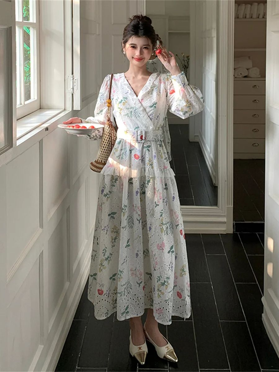French Vintage Floral Midi Dress - French Romantic Style Lantern Sleeve Floral
