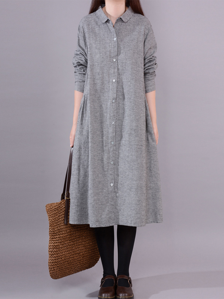 Korean Style A Line Shirt Dress - Women's Long Sleeve Cotton Linen Plaid