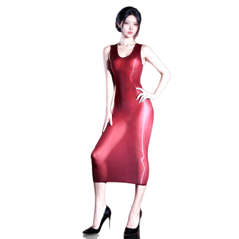 Sexy Mesh Sheer Bodycon Dress - Women Sexy Dress Sleeveless Oil Shiny