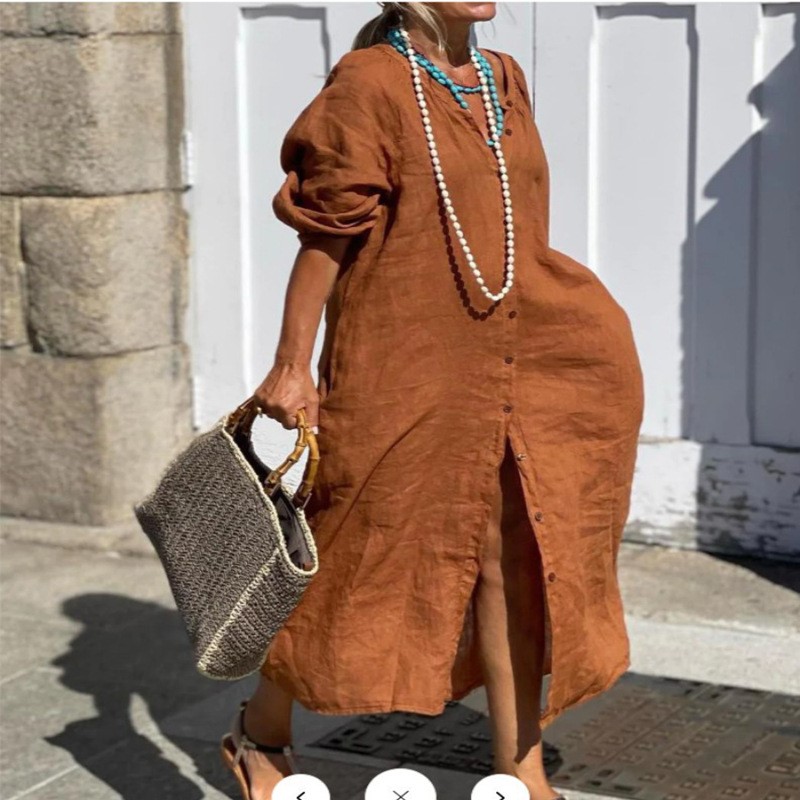 Fashion Elegant Spring Cotton  - Casual Loose Linen Shirt Dress ulasan dan harga