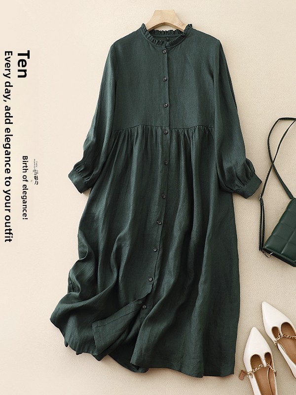 Casual Loose Cotton Linen Long - Casual Loose Linen Shirt Dress ulasan dan harga