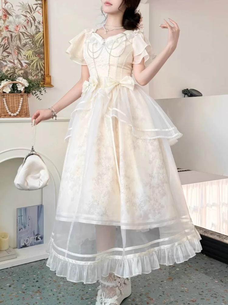 Forest Style Sweet Vintage Bow - French Vintage Floral Midi Dress ulasan dan harga