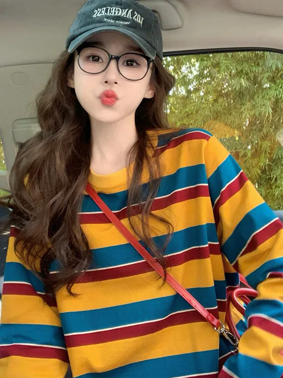 Women Color Block Striped Long - Blouses ulasan dan harga