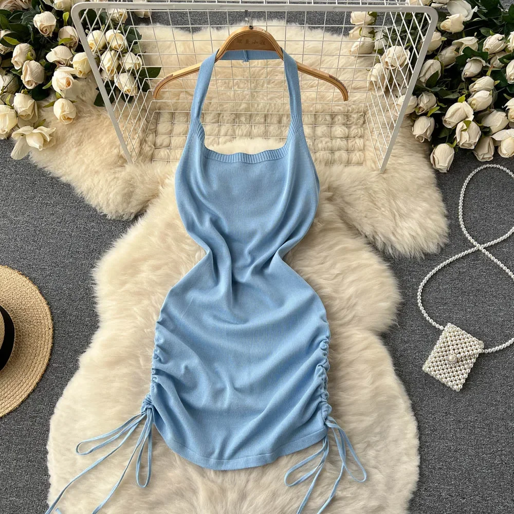 2024 Fashion Y2K Solid Knitted - Y2K Backless Halter Mini Dress ulasan dan harga