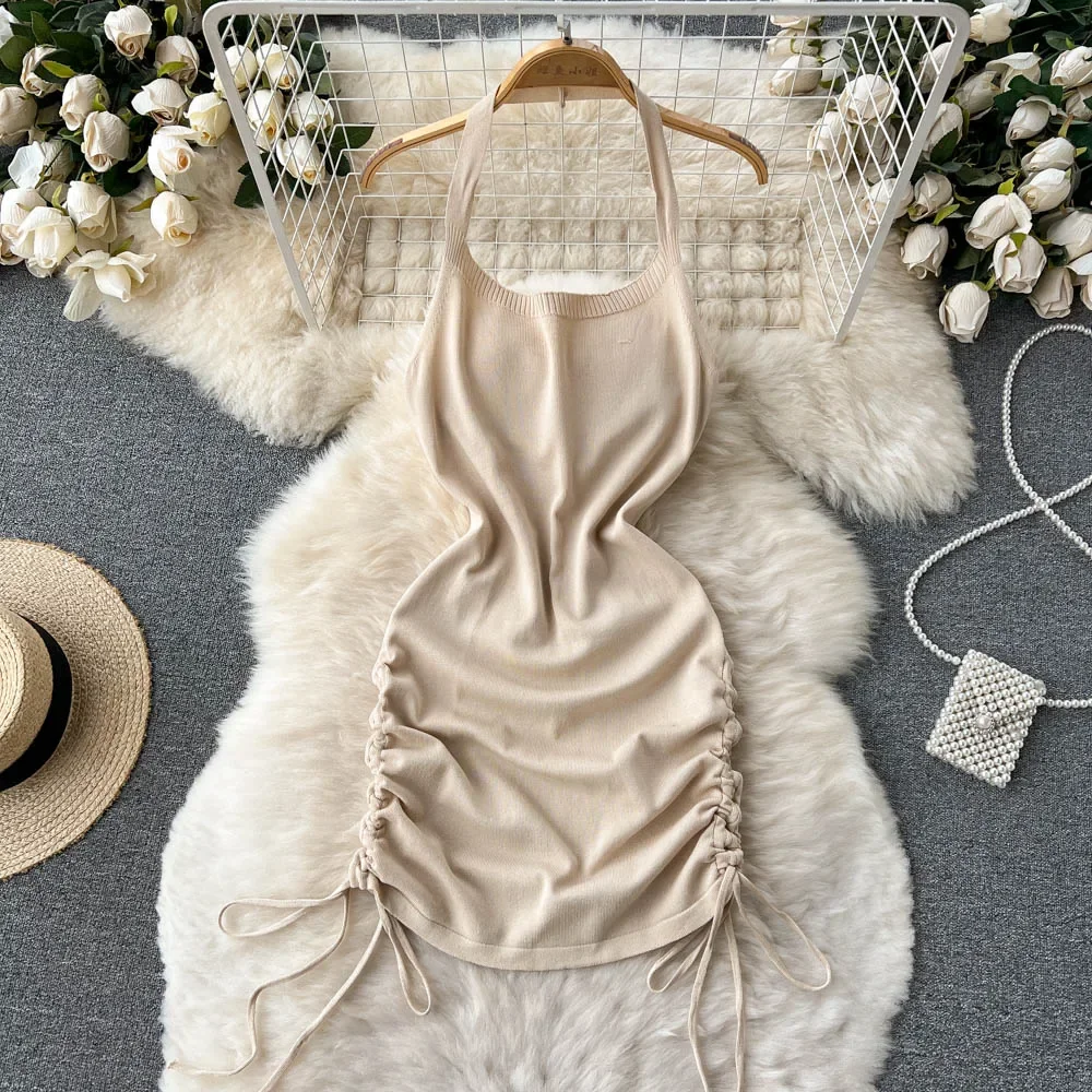 2024 Fashion Y2K Solid Knitted - Y2K Backless Halter Mini Dress ulasan dan harga