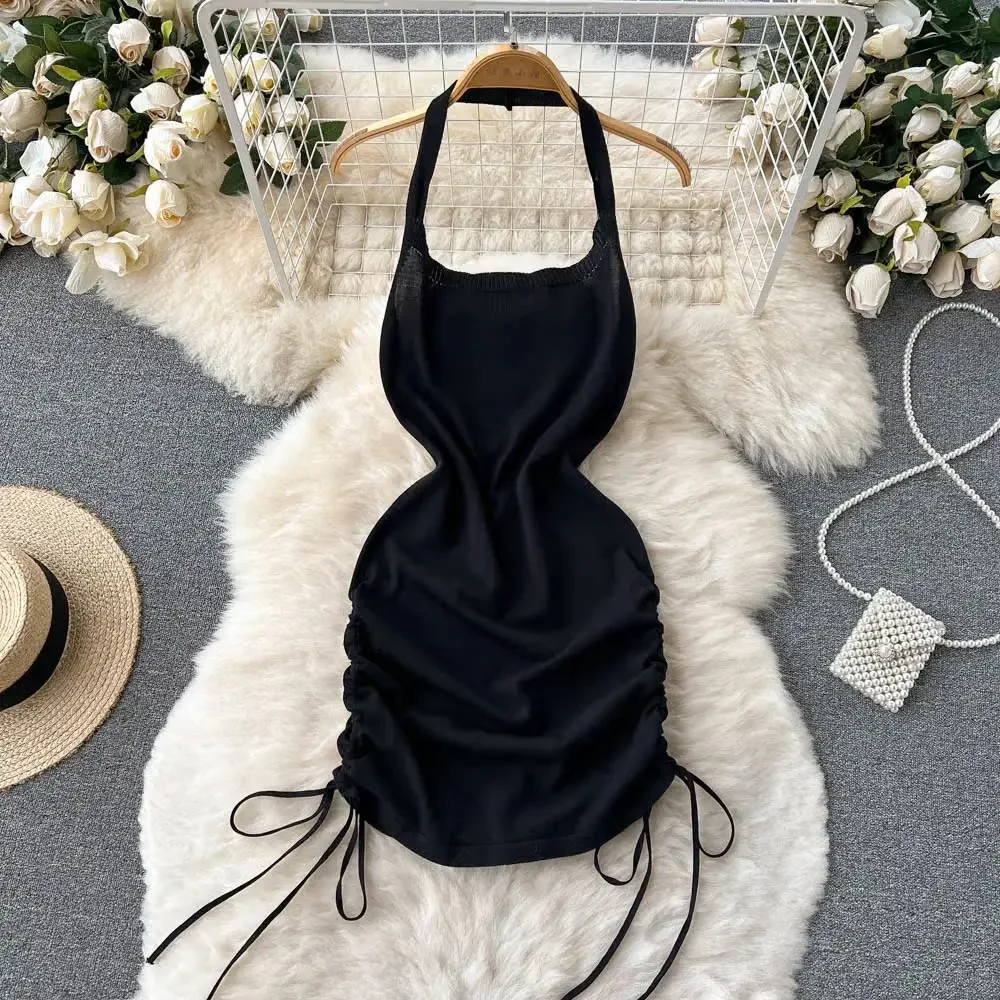 2024 Fashion Y2K Solid Knitted - Y2K Backless Halter Mini Dress ulasan dan harga