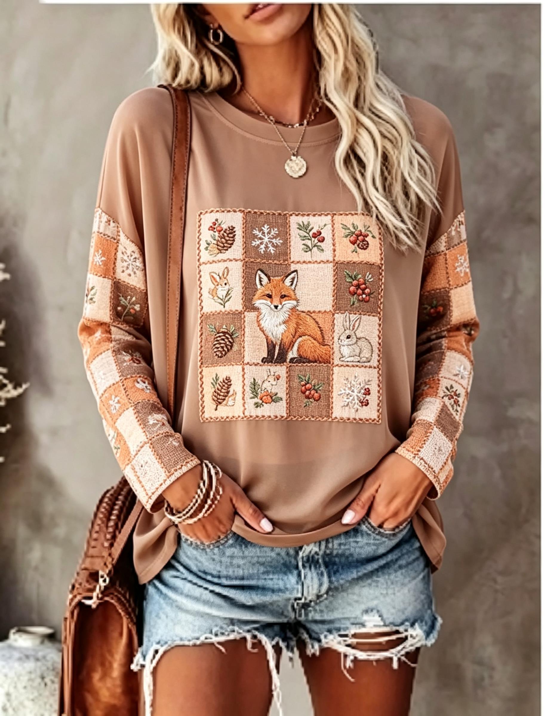 Women Long Sleeve T Shirt Fox  - Blouses ulasan dan harga
